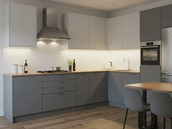 Close-up of LED strip lights installed under kitchen cabinets