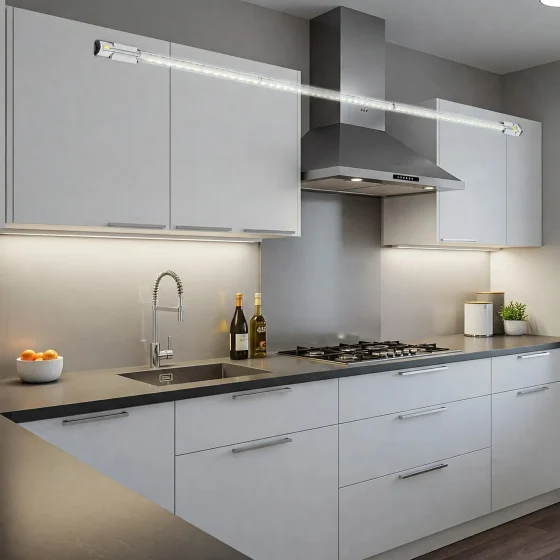 Close-up of precision LED strips providing focused lighting on countertops