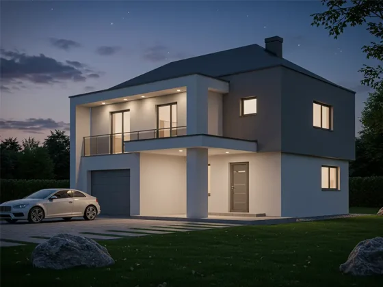 Illustration of LED outdoor lights in a modern home setting