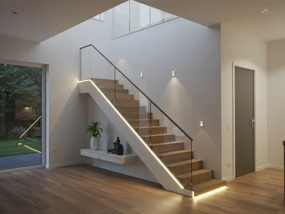 Modern home with LED lighting on indoor stairs for safety and style
