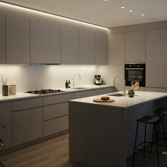Illustration of precision LED undermount kitchen lights in a modern kitchen