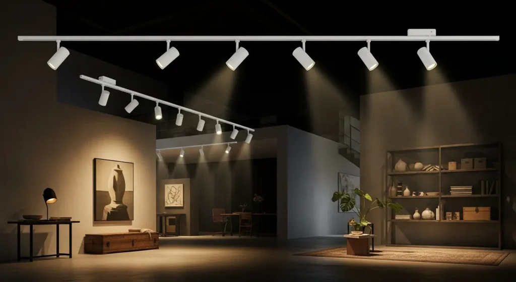 Solução de iluminação comercial para interiores com luminárias de trilho reguláveis.