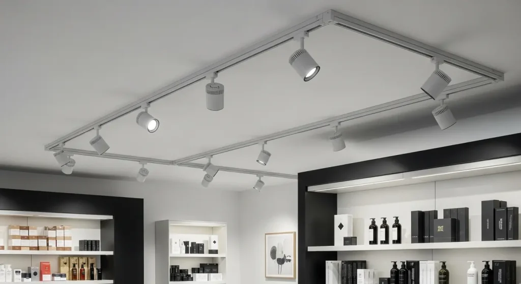 Narrow Beam Spotlight on Track System for Display Showcases