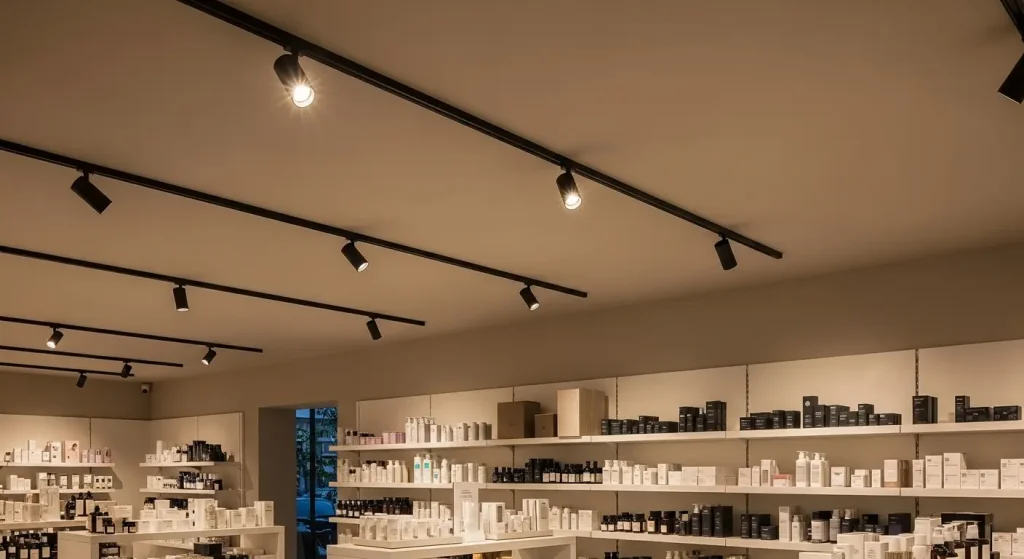Solução versátil de iluminação de trilho regulável para interiores comerciais.