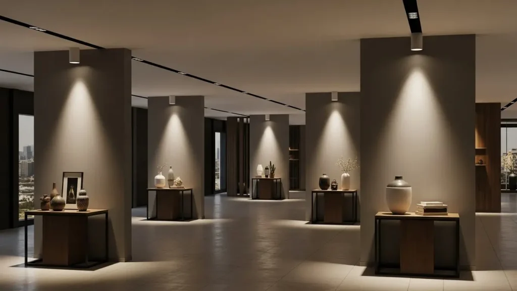 Adjustable-angle downlights are used in commercial retail or office spaces