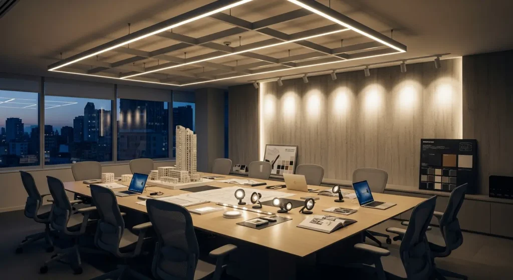 Close-up of lighting fixtures from an architectural lighting supplier
