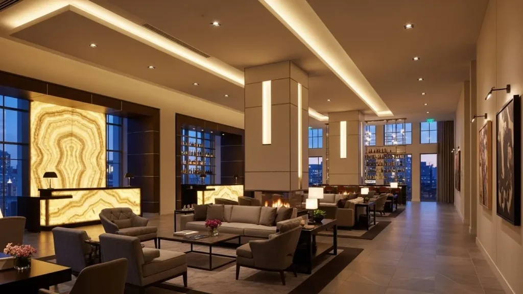 Commercial hotel interior design utilizes LED downlights to create ambient lighting