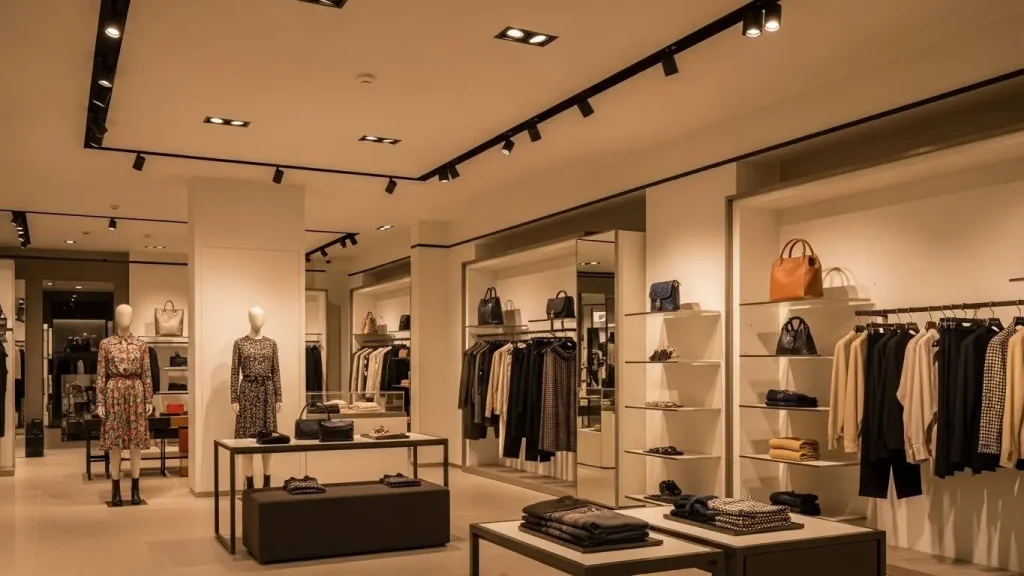 Fashion retail stores use embedded, dual-head adjustable spotlights for accent lighting