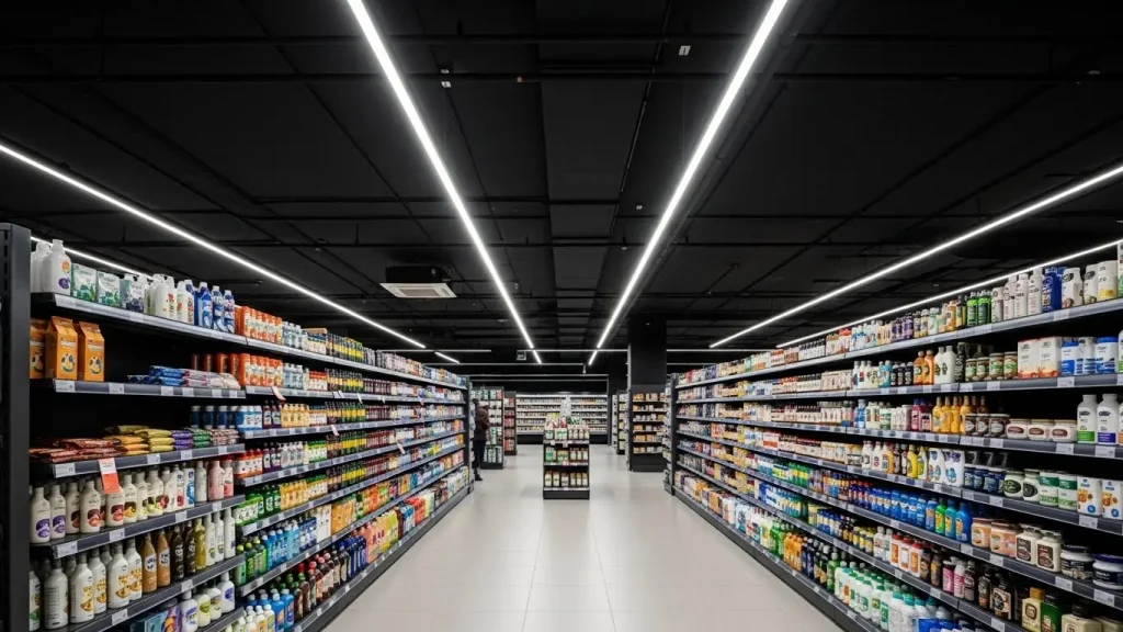 Large retail store aisles utilize a dual asymmetric linear lighting optical design