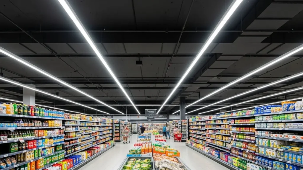 Large supermarket aisles utilize continuous LED linear lighting systems
