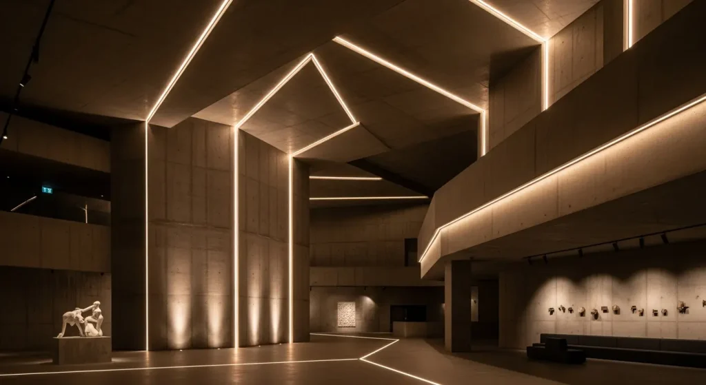 Lighting effects for the modern commercial and cultural building Brutalist