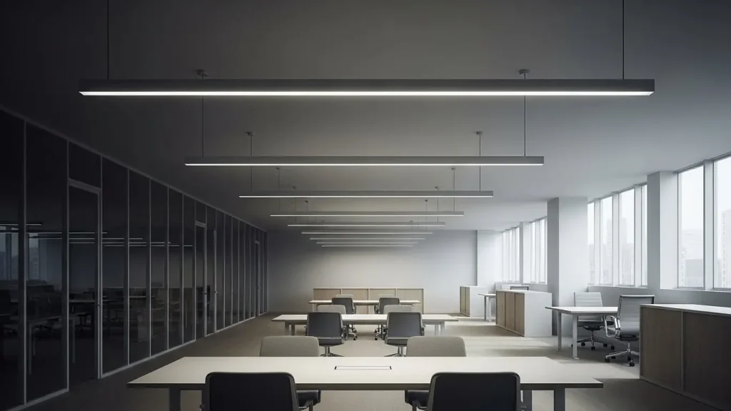 Linear pendant lights with DALI control are used in offices or commercial spaces