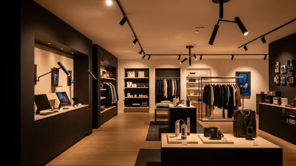 Retail stores or showrooms utilize rotatable and retractable commercial LED spotlights