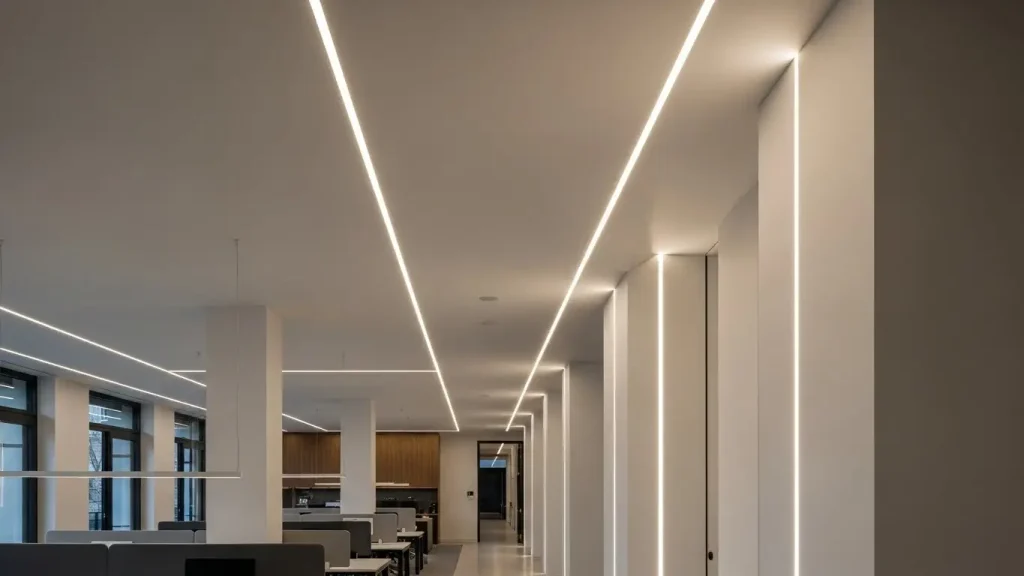 Seamless, continuous LED linear lighting design is used in office or commercial spaces