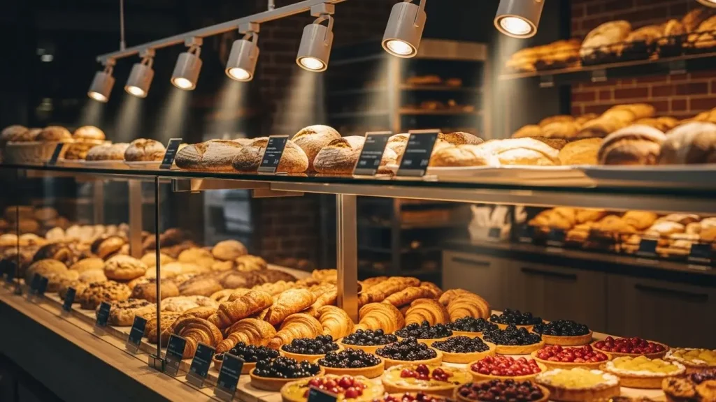The bakery display cases utilize track lighting with spotlights specifically designed for illuminating bread and pastries