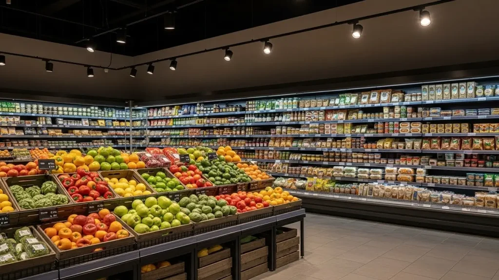 The fresh food display area in the supermarket uses high color rendering index COB spotlights