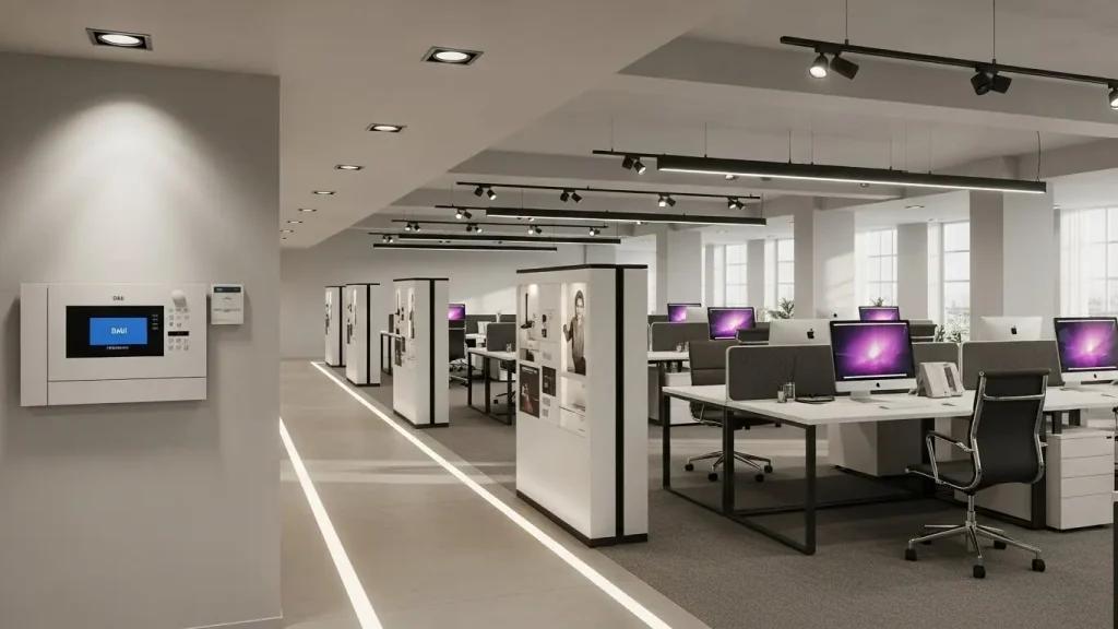 The office uses recessed spotlights with DALI intelligent control