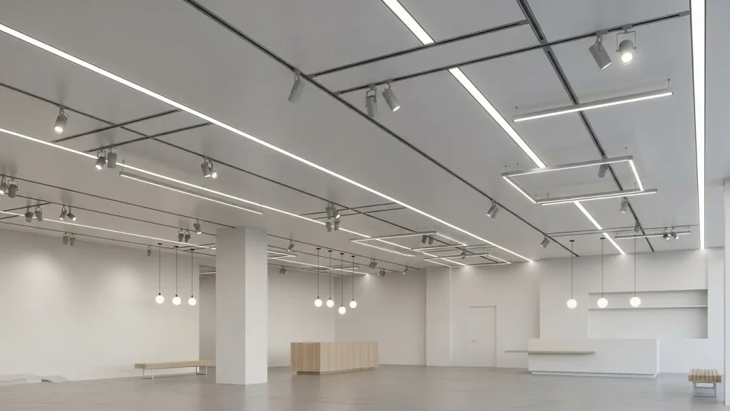 Modern commercial interiors utilize magnetic track lighting systems