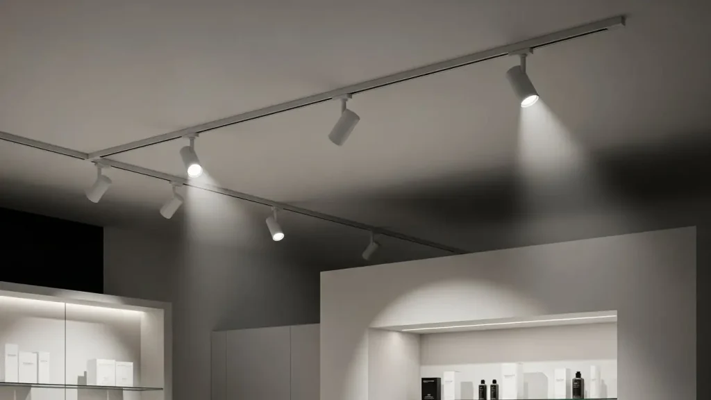 Modern commercial interiors utilize track lighting systems with optimal beam angles, providing clear product and space delineation