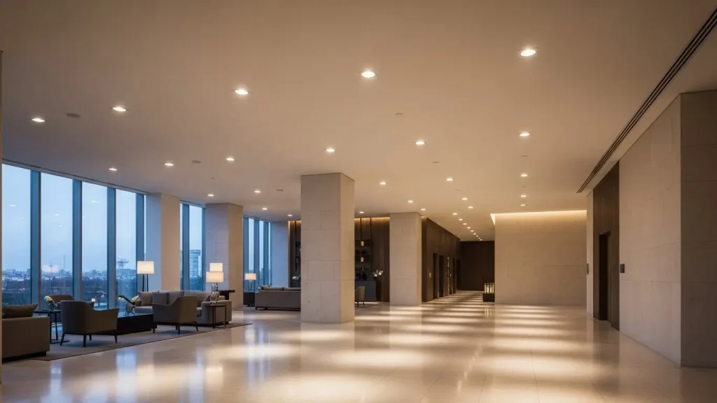 Modern hotel interiors feature recessed downlights evenly distributed across the ceiling