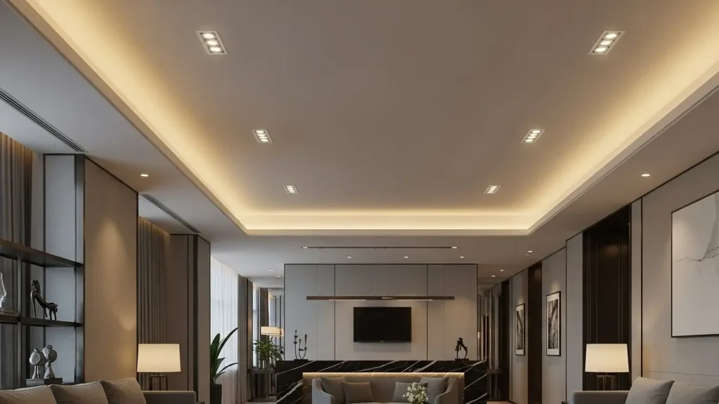 Modern hotel interiors utilize recessed LED downlights for ambient lighting