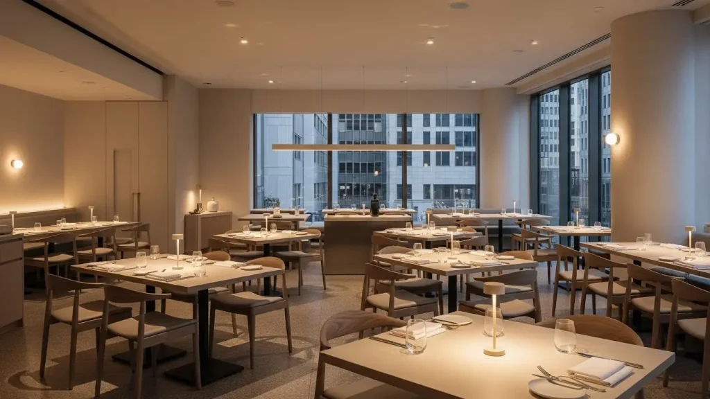 Modern restaurants use lighting with a warm, neutral color temperature of 3000-3500K to create a comfortable atmosphere