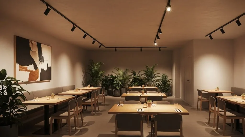Modern restaurants utilize adjustable LED track lighting systems to highlight dining tables and decor
