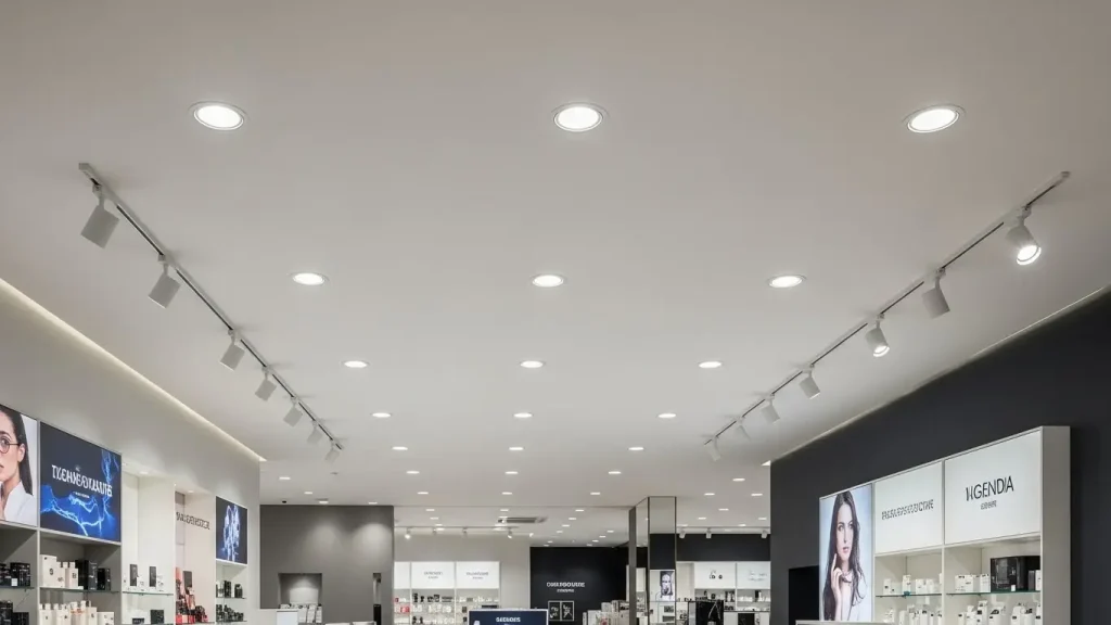 Modern retail stores use track lighting for accent lighting and recessed downlights for ambient lighting