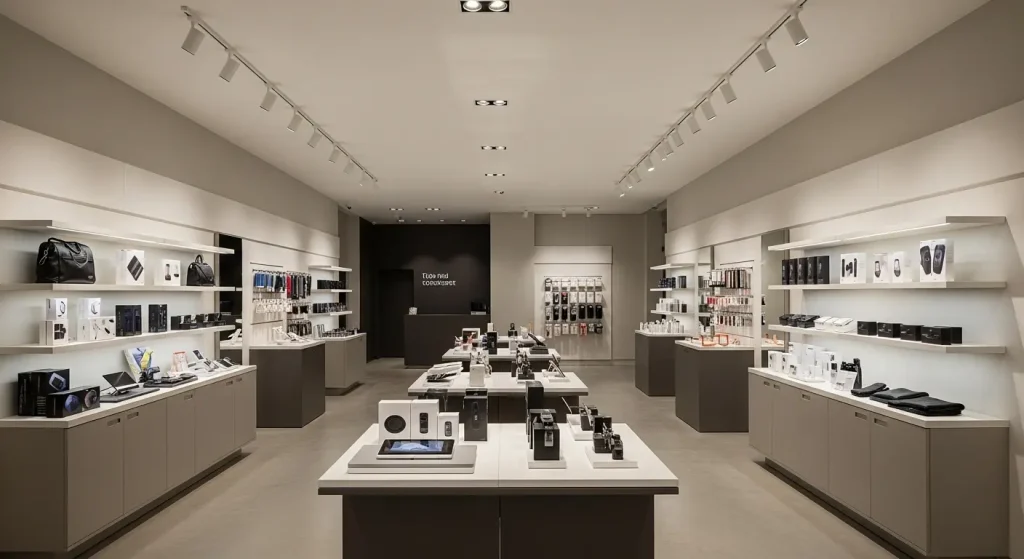 Modern retail stores use track lighting for accent lighting to enhance product display