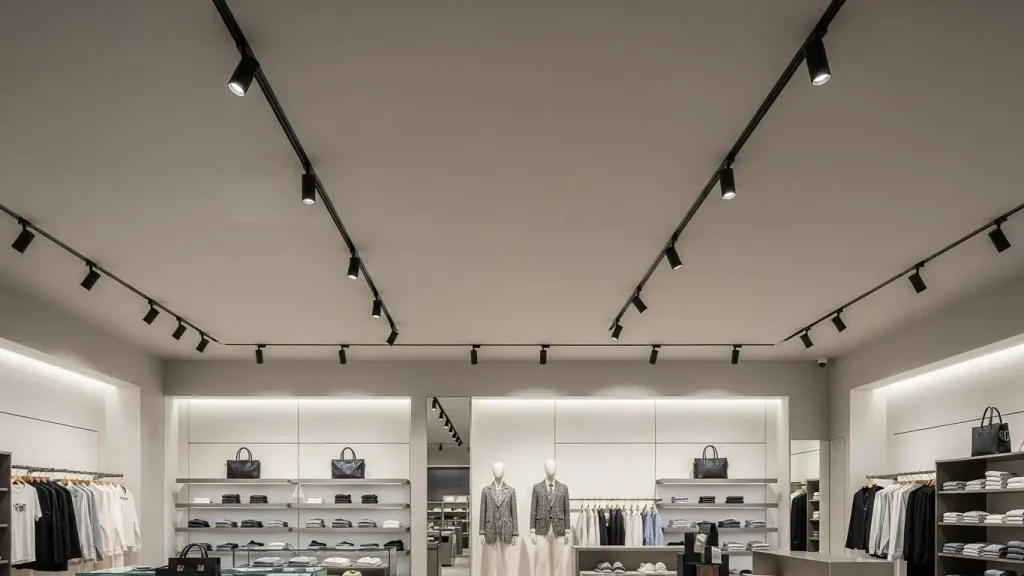 Modern retail stores utilize efficient track lighting layouts for product display