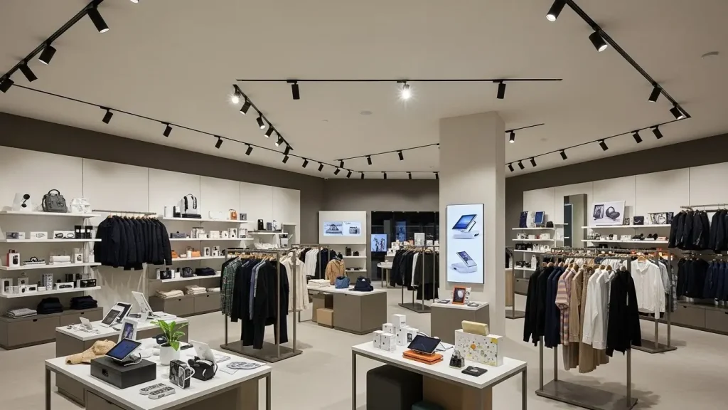 Modern retail stores utilize track lighting systems for their lighting layout to enhance product visibility