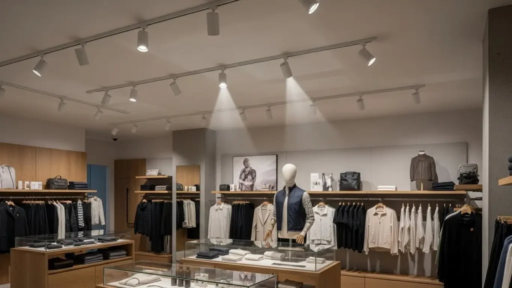 Modern retail stores utilize track lighting systems with optimal beam angles for focused lighting on products