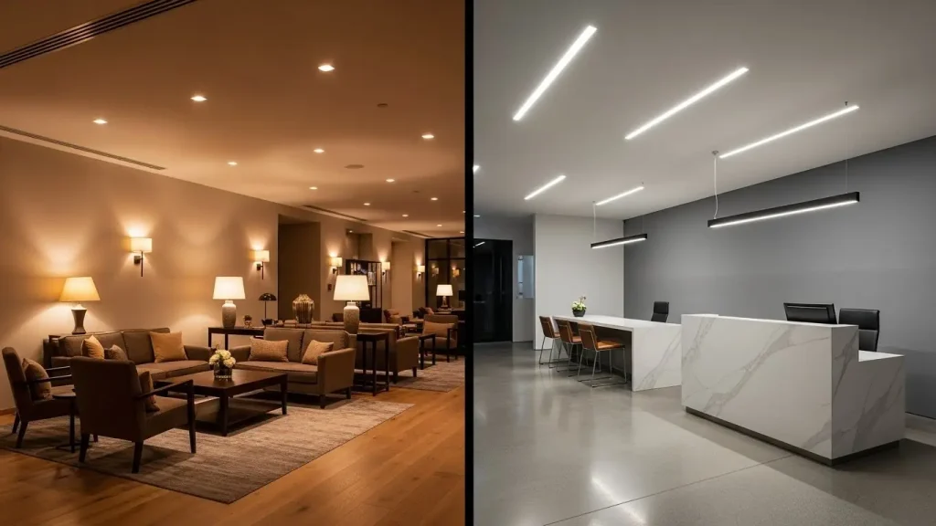 The hotel uses downlights and linear lighting to showcase warm and neutral tones, creating different spatial atmospheres