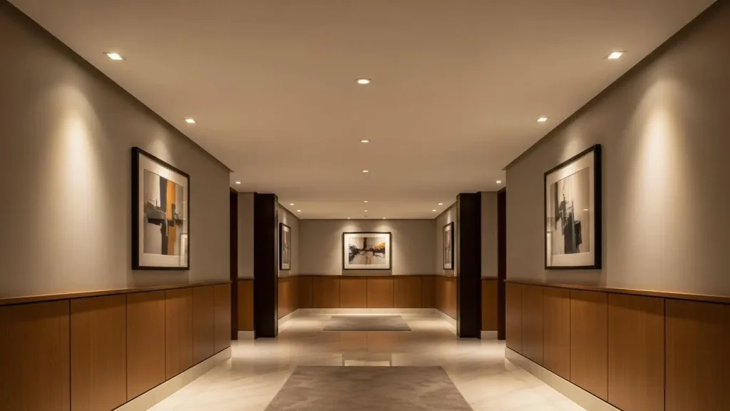 The luxury hotel corridors feature recessed LED downlights, providing soft and even lighting